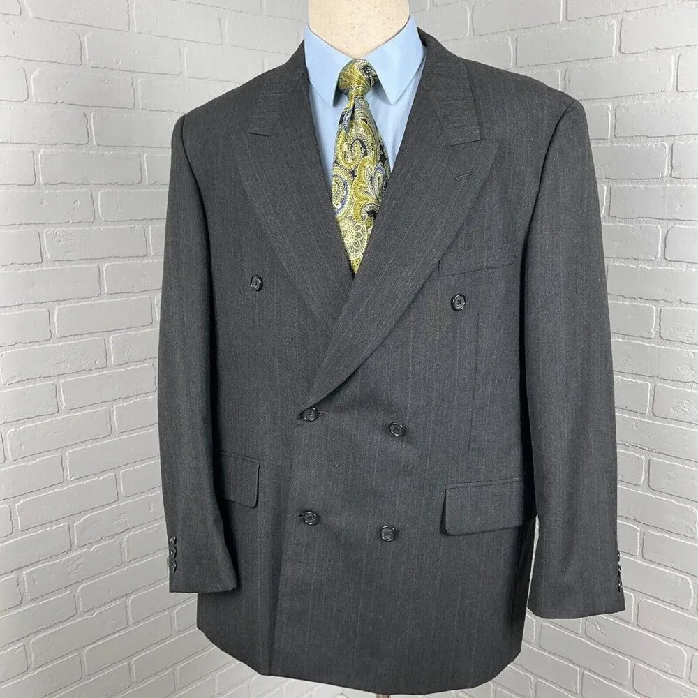 Bert Pulitzer Blazer Men‎ 44R Gray Double Breasted Classic Career Wool VTG